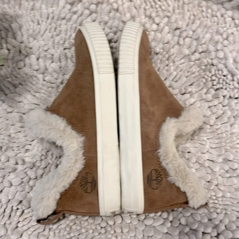 Timberland Woman’s Tan Rust Suede Faux Fur Ankle Slip On Sneaker Booties Sz 6.5